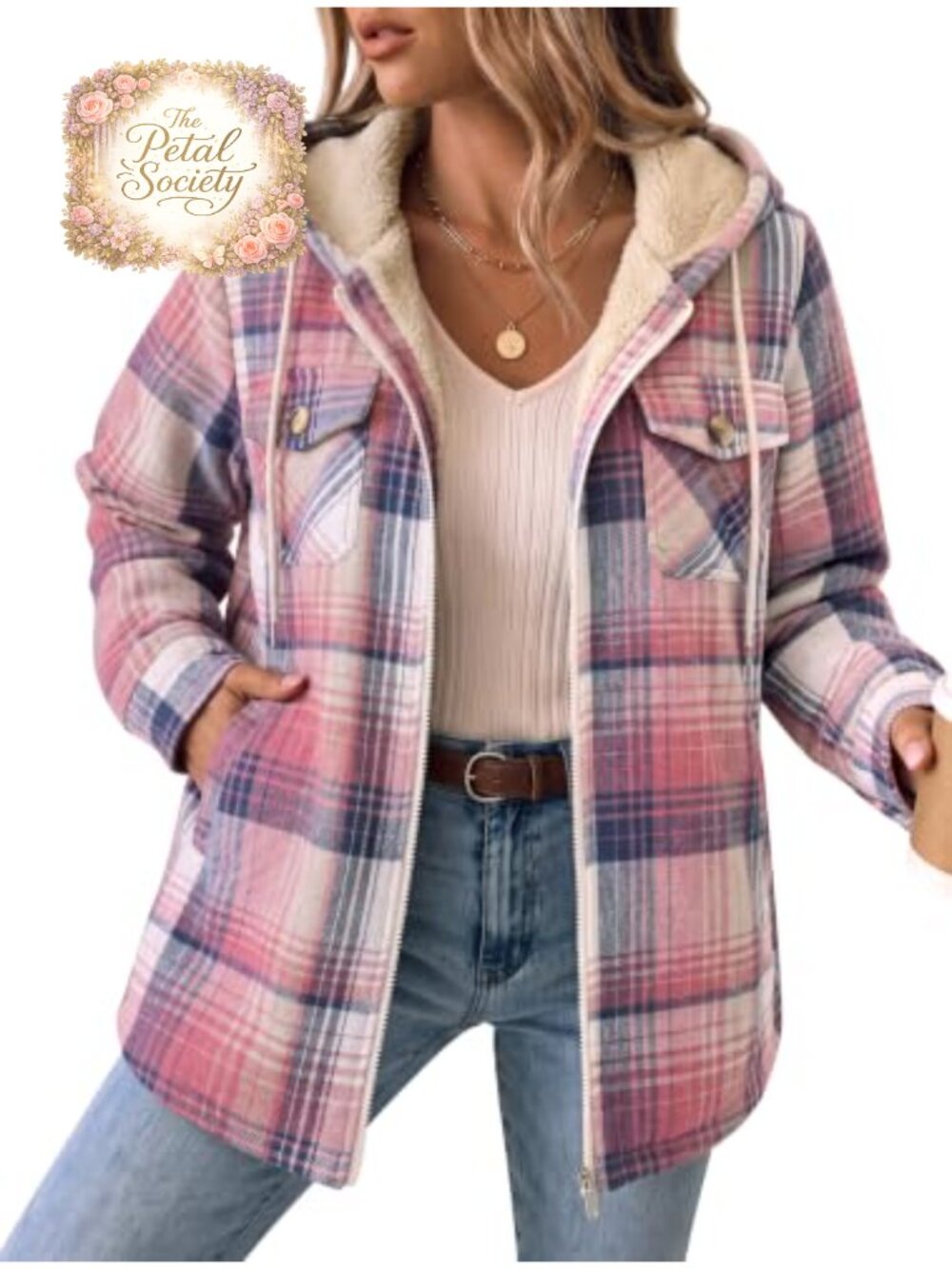 Women's Plaid Fleece Lined Hooded Flannel Shacket Winter Coat
